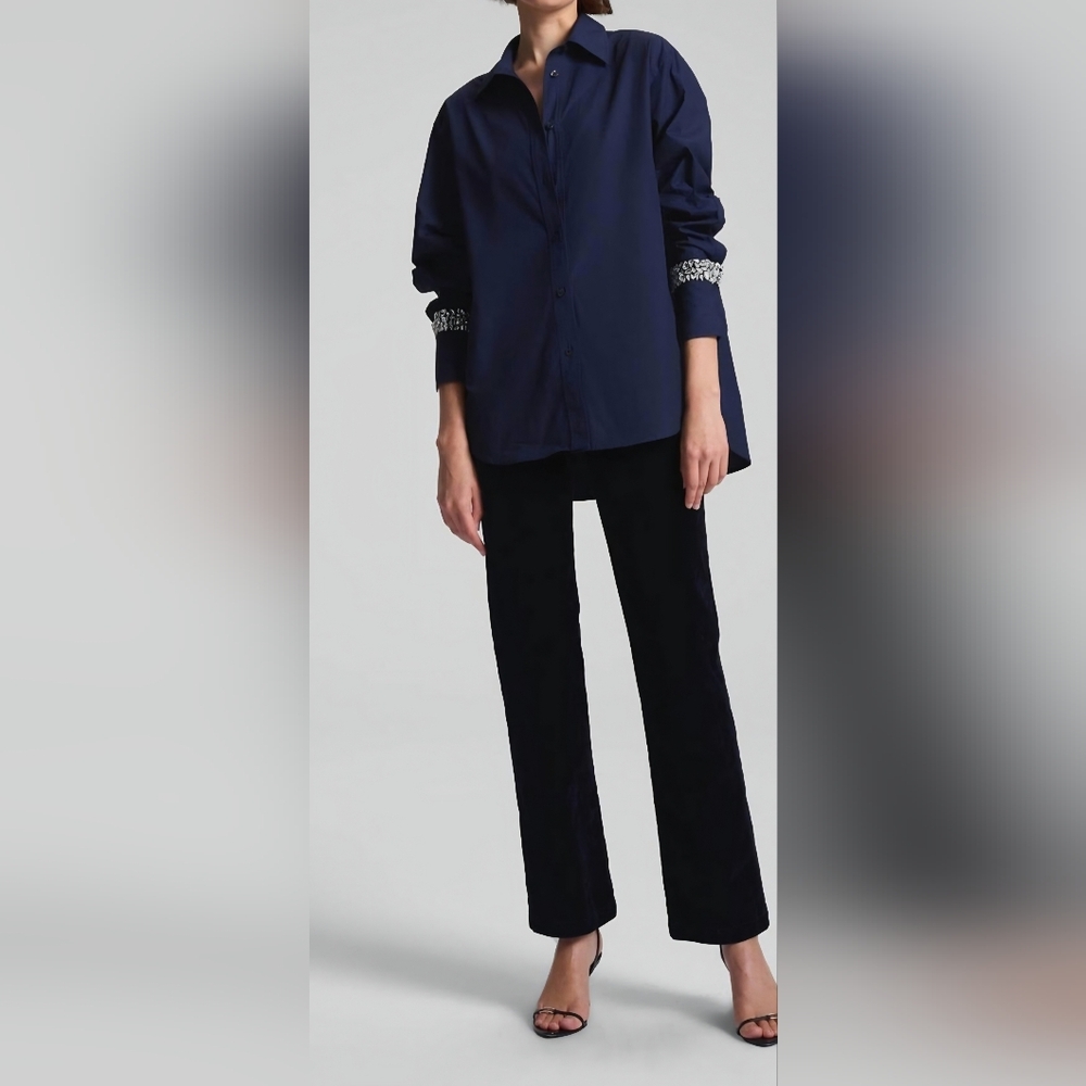 A.L.C. Calvin Navy Button-Front Blouse with Embellished Cuffs
